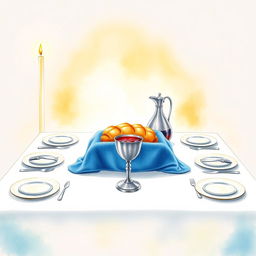 A stunning watercolor illustration of a square Shabbat table, featuring two tall candles emitting a gentle glow