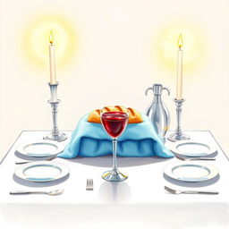 A stunning watercolor illustration of a square Shabbat table, featuring two tall candles emitting a gentle glow