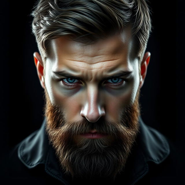 A portrait of a man with piercing blue eyes and a well-groomed beard, set against a deep black background with layers of gray gradients and subtle touches of red