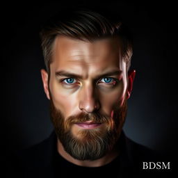 A portrait of a man with piercing blue eyes and a well-groomed beard, set against a deep black background with layers of gray gradients and subtle touches of red