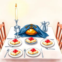 A charming watercolor illustration of a square Shabbat table, featuring two tall candles softly illuminating the scene