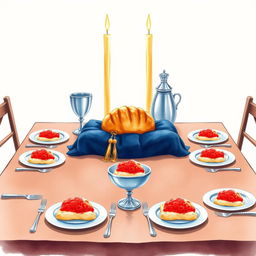 A charming watercolor illustration of a square Shabbat table, featuring two tall candles softly illuminating the scene