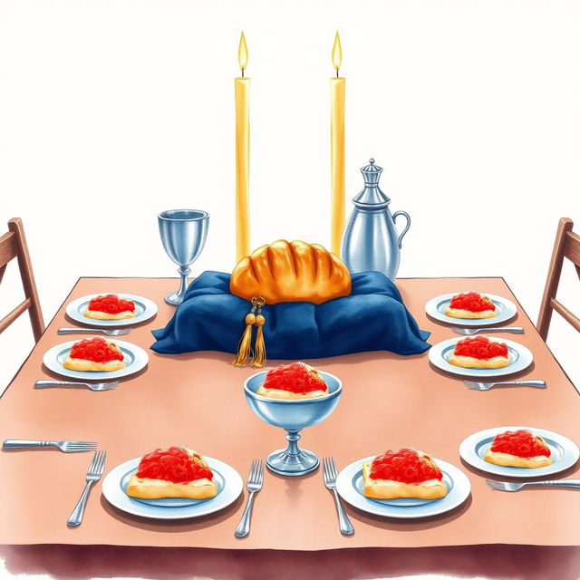 A charming watercolor illustration of a square Shabbat table, featuring two tall candles softly illuminating the scene