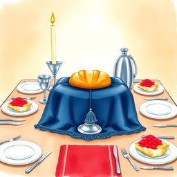 A charming watercolor illustration of a square Shabbat table, featuring two tall candles softly illuminating the scene