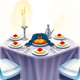 A charming watercolor illustration of a square Shabbat table, featuring two tall candles softly illuminating the scene