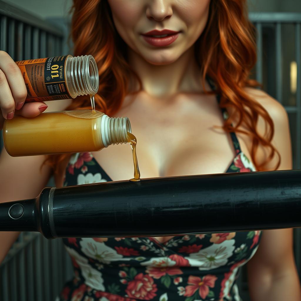 extreme close-up of a redhead with a floral sundress, featuring her large chest and cleavage