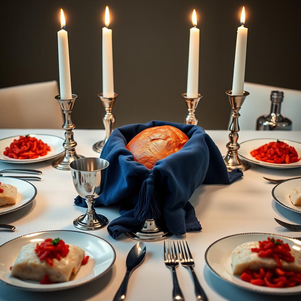 A highly realistic photograph capturing a square Shabbat table set for a festive dinner