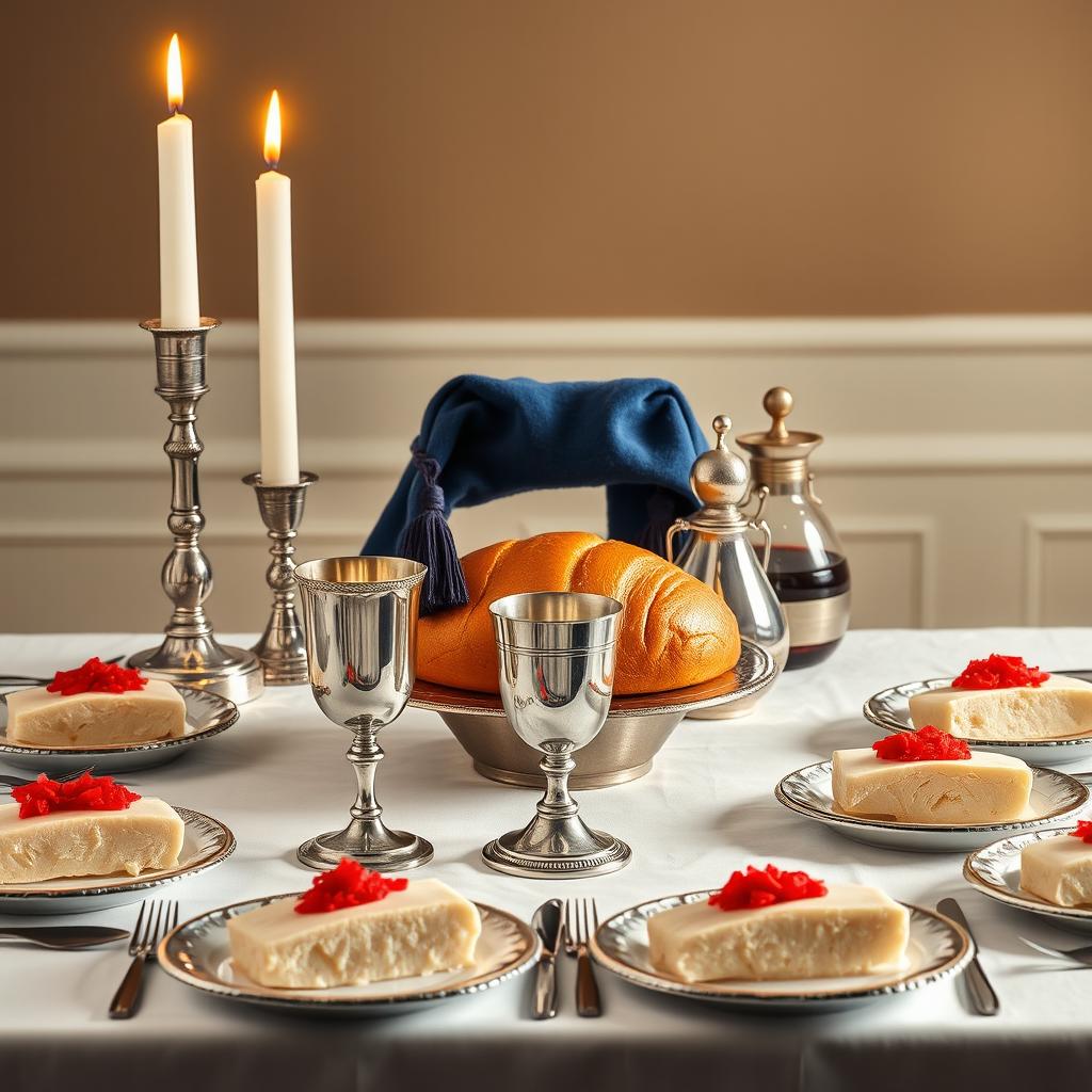 A highly realistic photograph capturing a square Shabbat table set for a festive dinner