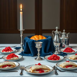 A highly realistic photograph capturing a square Shabbat table set for a festive dinner