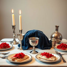 A highly realistic photograph capturing a square Shabbat table set for a festive dinner