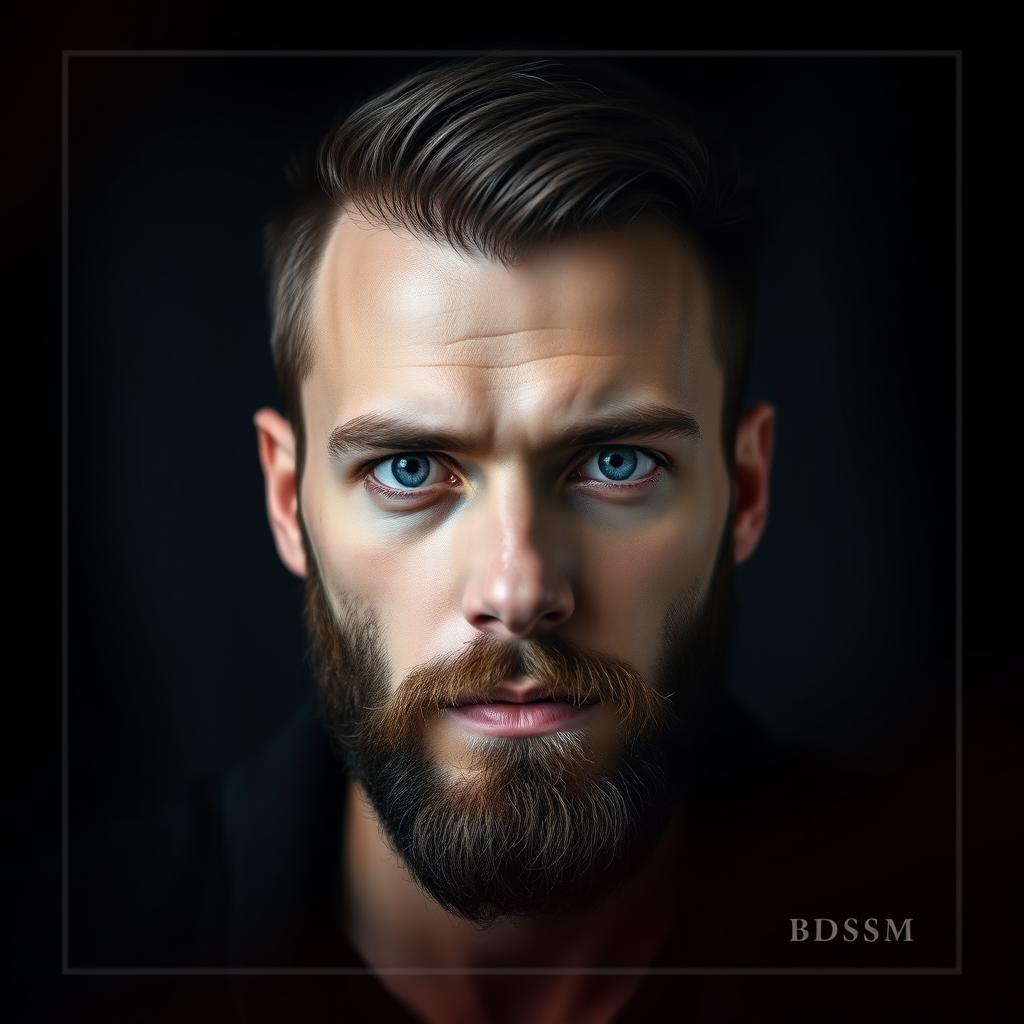 A portrait of a man with piercing blue eyes and a well-groomed beard, set against a deep black background with layers of gray gradients and subtle touches of red