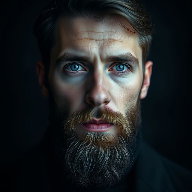 A portrait of a man with piercing blue eyes and a well-groomed beard, set against a deep black background with layers of gray gradients and subtle touches of red