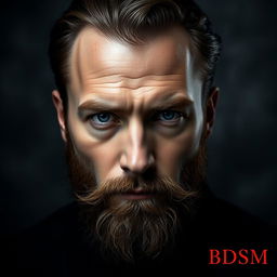 A portrait of a man with piercing blue eyes and a well-groomed beard, set against a deep black background with layers of gray gradients and subtle touches of red