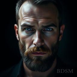 A portrait of a man with piercing blue eyes and a well-groomed beard, set against a deep black background with layers of gray gradients and subtle touches of red