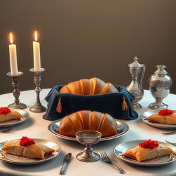 A highly realistic image depicting an oval Shabbat table beautifully set for a festive occasion