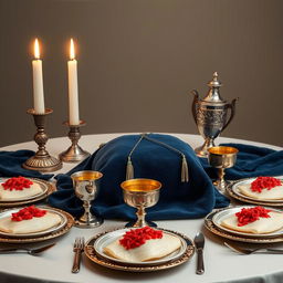 A highly realistic image depicting an oval Shabbat table beautifully set for a festive occasion