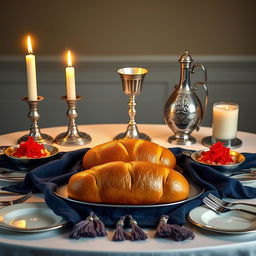 A highly realistic image depicting an oval Shabbat table beautifully set for a festive occasion