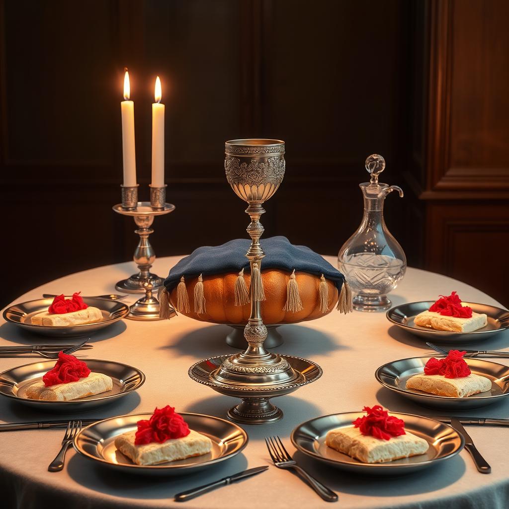 A realistic image depicting an oval Shabbat table elegantly set for a warm celebration