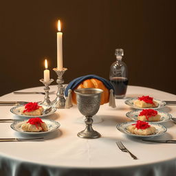 A realistic image depicting an oval Shabbat table elegantly set for a warm celebration