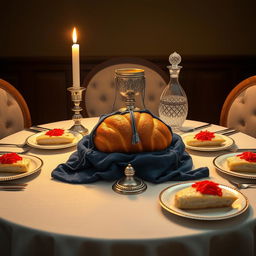 A realistic image depicting an oval Shabbat table elegantly set for a warm celebration