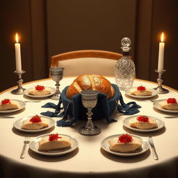 A realistic image depicting an oval Shabbat table elegantly set for a warm celebration