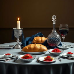 A realistic depiction of an oval Shabbat table, crafted to evoke warmth and tradition