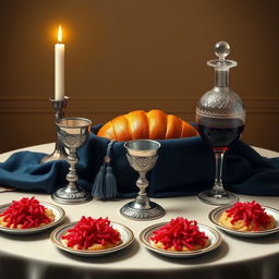 A realistic depiction of an oval Shabbat table, crafted to evoke warmth and tradition