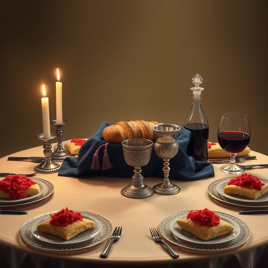 A realistic depiction of an oval Shabbat table, exuding warmth and tradition