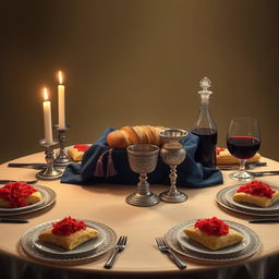 A realistic depiction of an oval Shabbat table, exuding warmth and tradition