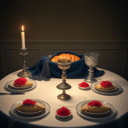 A realistic depiction of an oval Shabbat table, exuding warmth and tradition