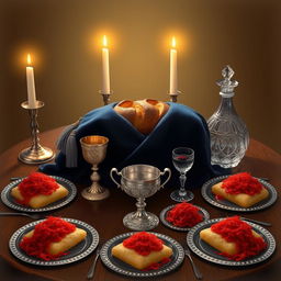 A realistic depiction of an oval Shabbat table, exuding warmth and tradition