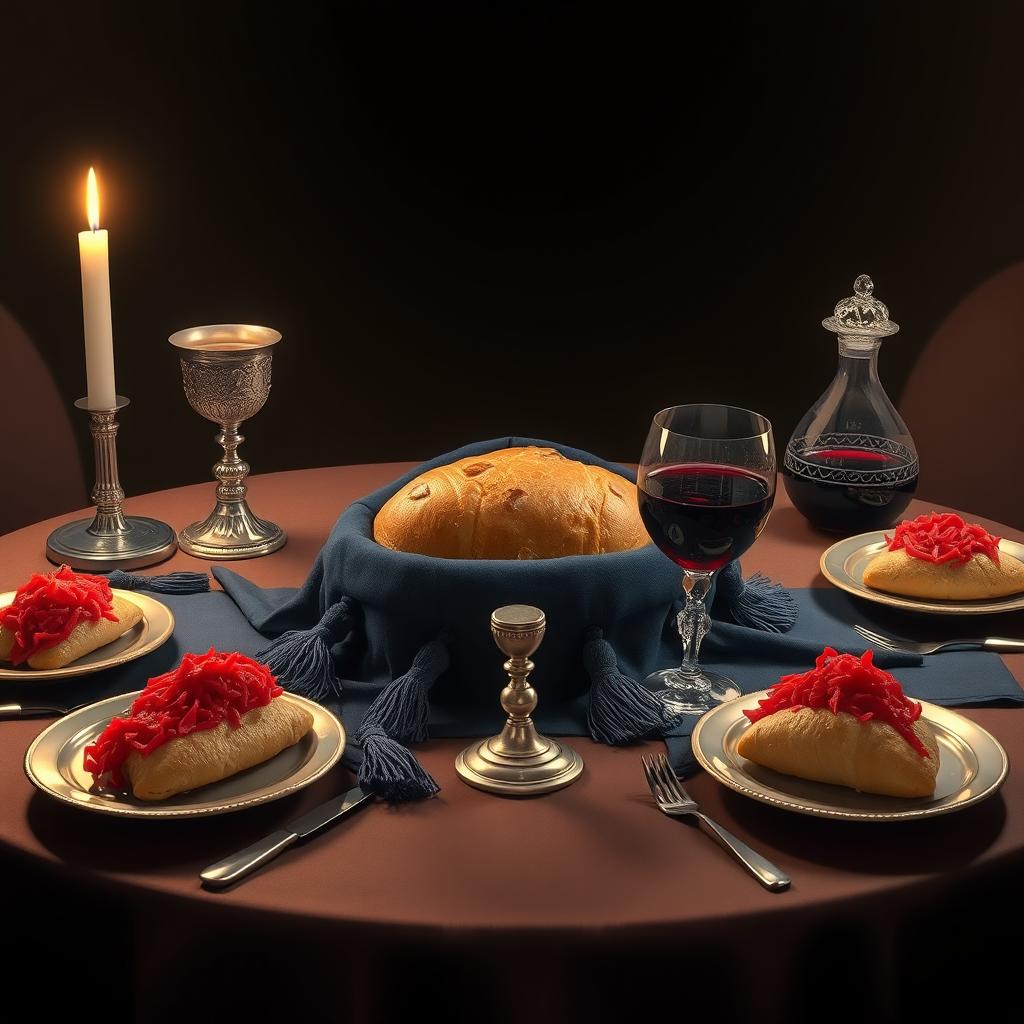 A realistic depiction of an oval Shabbat table, exuding warmth and tradition