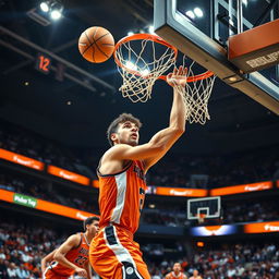 Dynamic action shot of a basketball game, capturing a player making an impressive slam dunk