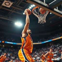 Dynamic action shot of a basketball game, capturing a player making an impressive slam dunk