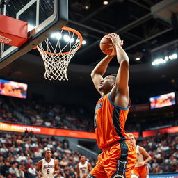 Dynamic action shot of a basketball game, capturing a player making an impressive slam dunk