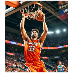 Dynamic action shot of a basketball game, capturing a player making an impressive slam dunk