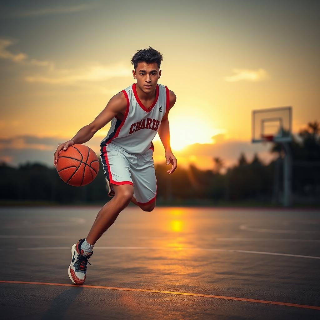 A young male basketball player skillfully dribbling a basketball on an outdoor court