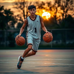 A young male basketball player skillfully dribbling a basketball on an outdoor court