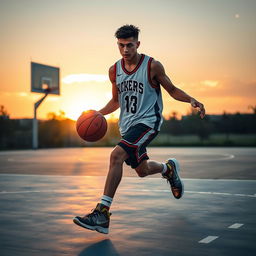 A young male basketball player skillfully dribbling a basketball on an outdoor court