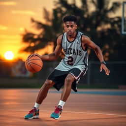 A young male basketball player skillfully dribbling a basketball on an outdoor court