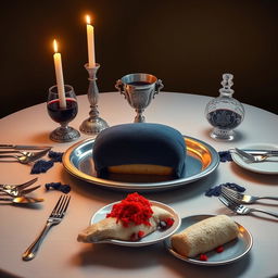 A realistic portrayal of an oval Shabbat table, warmly lit by two candles placed next to each other, casting a soft glow over the scene