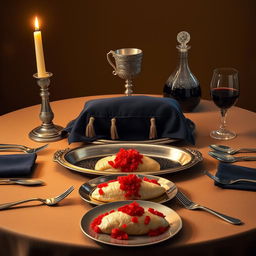 A realistic portrayal of an oval Shabbat table, warmly lit by two candles placed next to each other, casting a soft glow over the scene