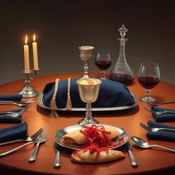 A realistic portrayal of an oval Shabbat table, warmly lit by two candles placed next to each other, casting a soft glow over the scene