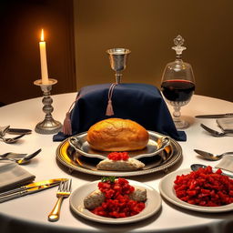 A realistic portrayal of an oval Shabbat table, warmly lit by two candles placed next to each other, casting a soft glow over the scene