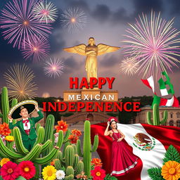 Colorful collage celebrating Mexican Independence Day, featuring iconic symbols of Mexican culture such as the Mexican flag, vibrant papel picado, traditional elements like mariachis, sombreros, cactus, and folklore dancers