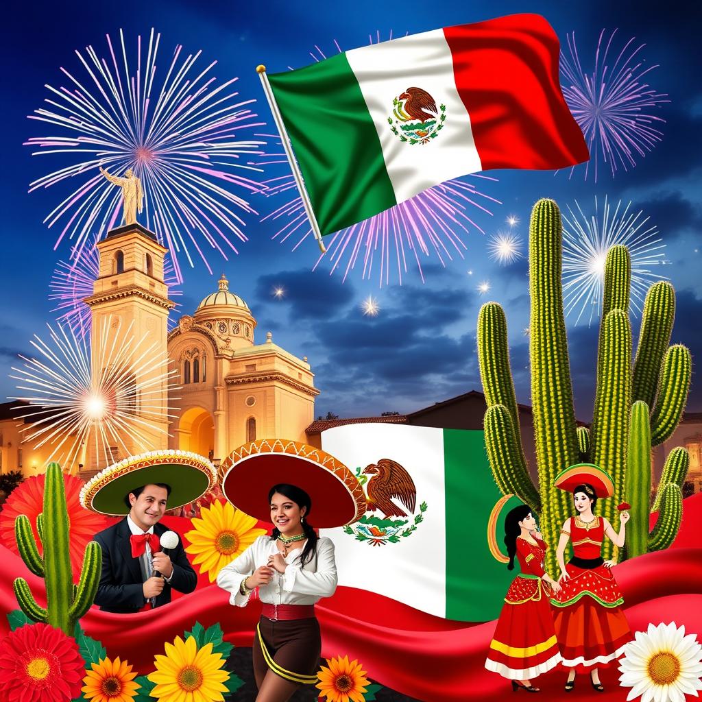 Colorful collage celebrating Mexican Independence Day, featuring iconic symbols of Mexican culture such as the Mexican flag, vibrant papel picado, traditional elements like mariachis, sombreros, cactus, and folklore dancers