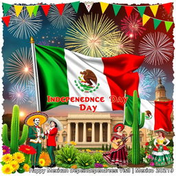 Colorful collage celebrating Mexican Independence Day, featuring iconic symbols of Mexican culture such as the Mexican flag, vibrant papel picado, traditional elements like mariachis, sombreros, cactus, and folklore dancers