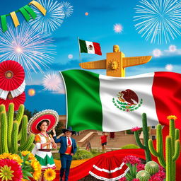 Colorful collage celebrating Mexican Independence Day, featuring iconic symbols of Mexican culture such as the Mexican flag, vibrant papel picado, traditional elements like mariachis, sombreros, cactus, and folklore dancers