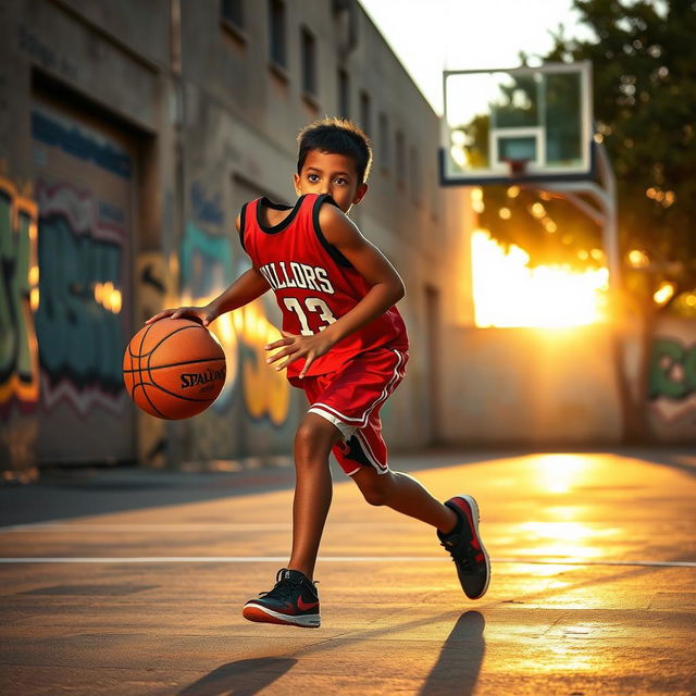 A young male basketball player in motion, dribbling a basketball on an outdoor court