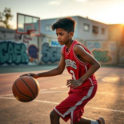 A young male basketball player in motion, dribbling a basketball on an outdoor court